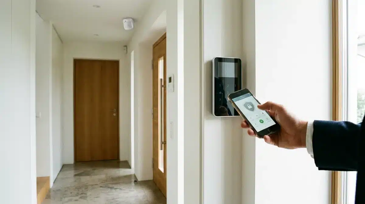 Person aktiviert per Smartphone-App das Bedienteil einer Alarmanlage im Eingangsbereich eines Hauses