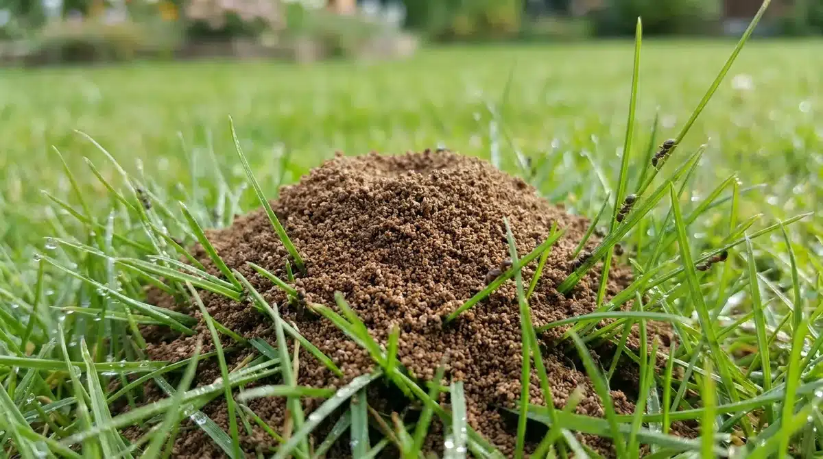 Ameisenhügel aus feiner Erde in einem grünen Rasen mit einzelnen Ameisen