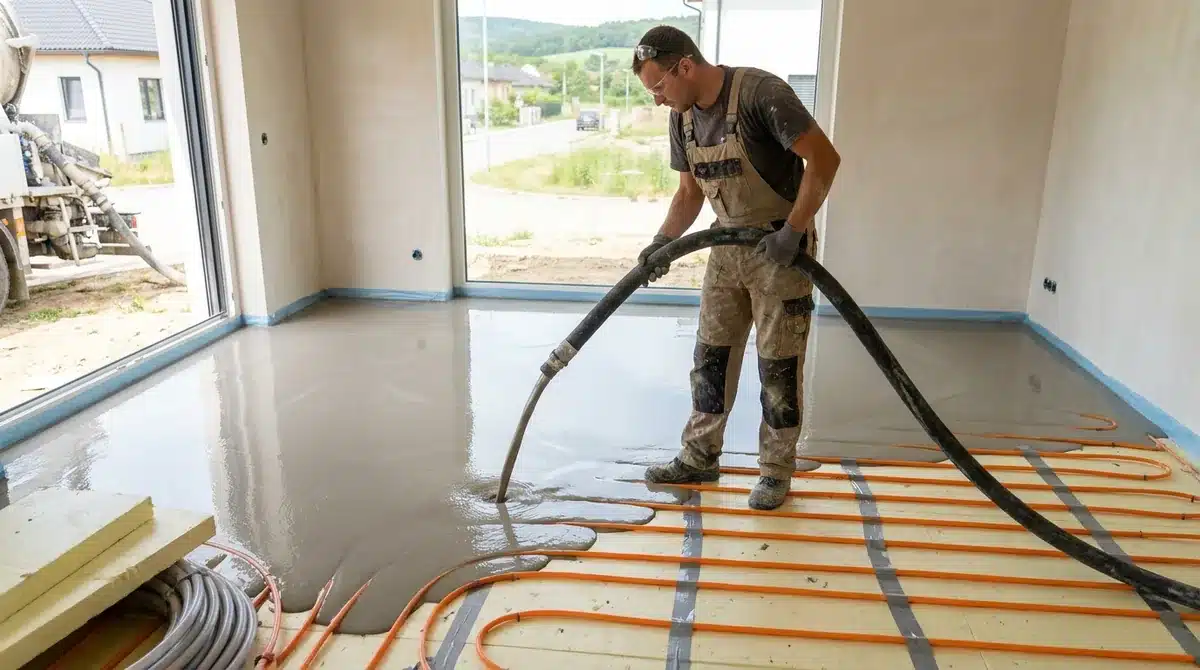 Anhydritestrich als Fließestrich über die Fußbodenheizung pumpen