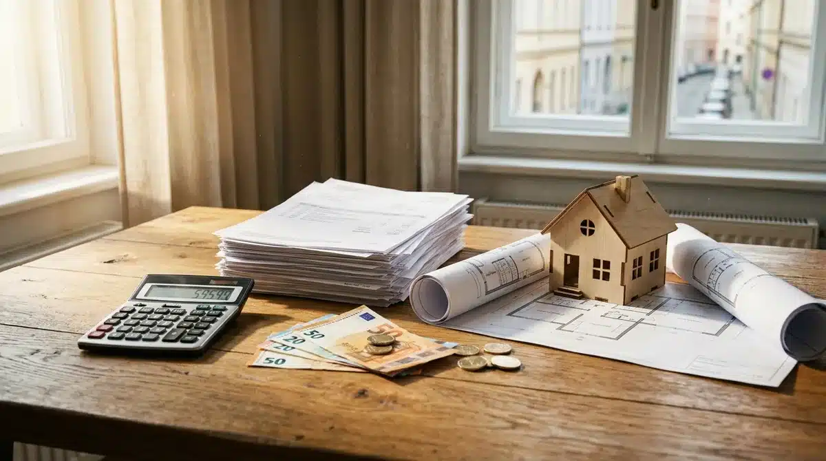 Taschenrechner, Rechnungen, Euro-Geld, Modellhaus und Bauplan auf einem Tisch - Symbolbild Baunebenkosten