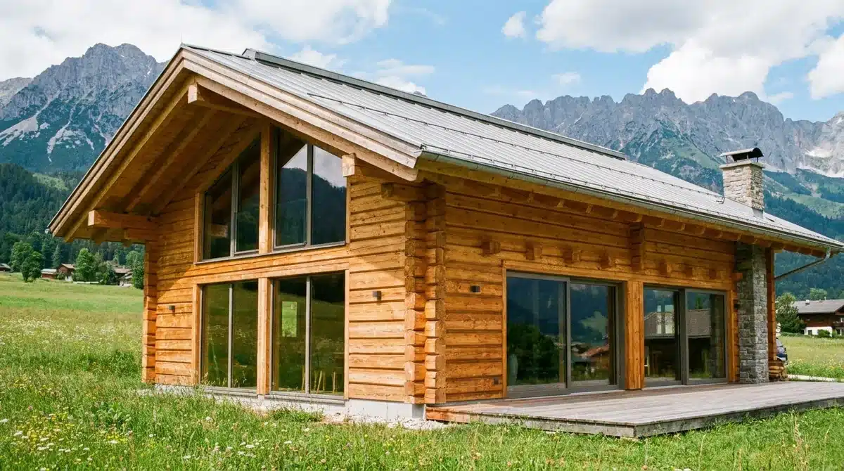 Modernes Blockhaus aus gestapelten Massivhölzern mit Eckverkämmung vor Alpenkulisse in Österreich