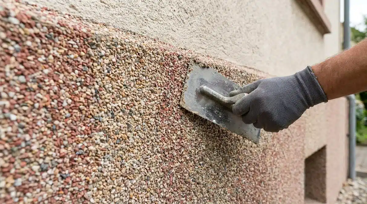 Buntsteinputz mit bunter Natursteinkörnung am Sockel auftragen