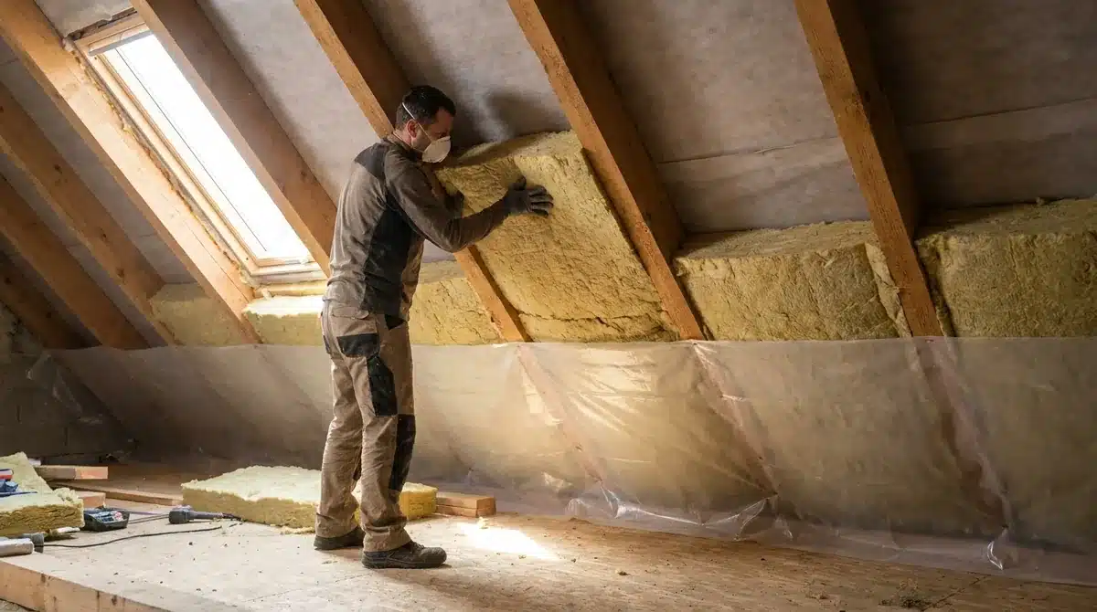 Dachisolierung - Zwischensparrendämmung mit Mineralwolle und Dampfbremse im Dachgeschoss