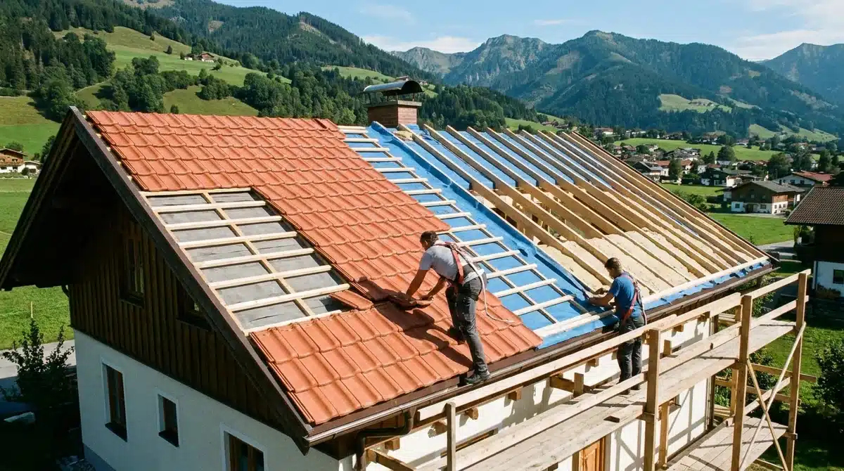 Dachdecker bei der Dachsanierung eines Einfamilienhauses in Österreich mit neuer Ziegeleindeckung und Unterdachbahn