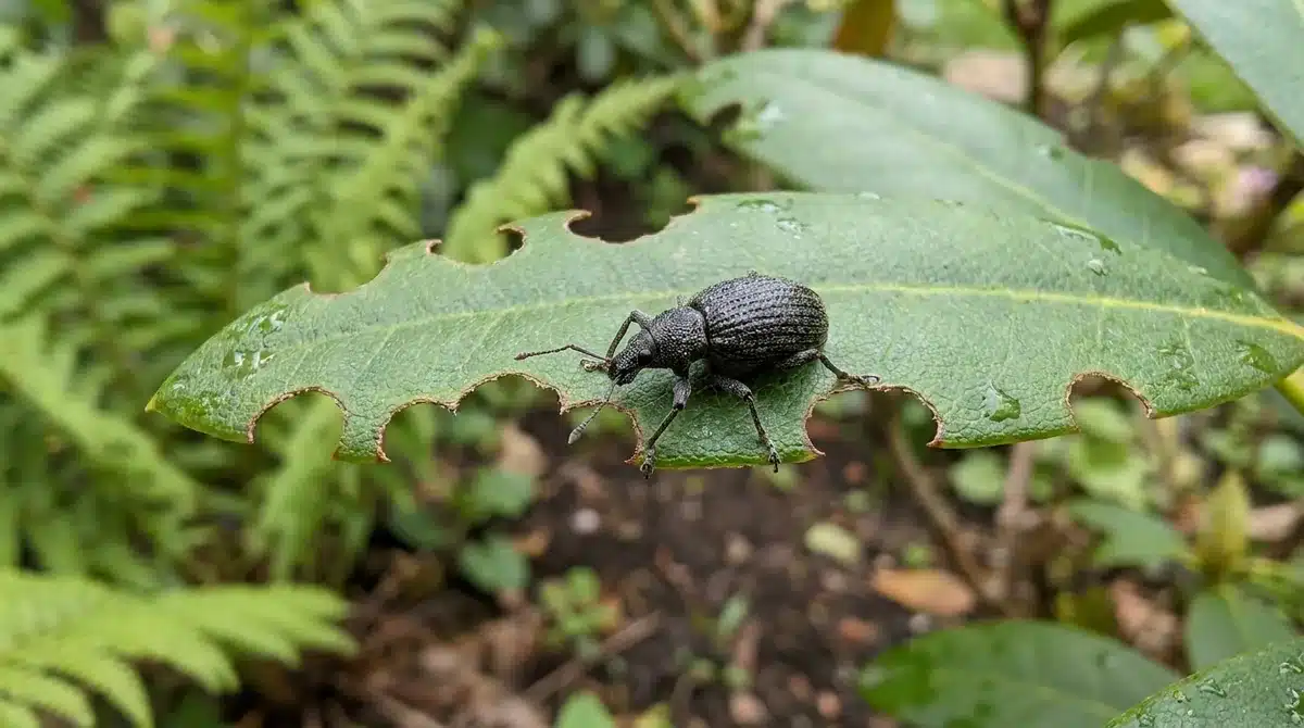 Dickmaulrüssler auf einem Rhododendron-Blatt mit typischem Buchtenfraß am Blattrand