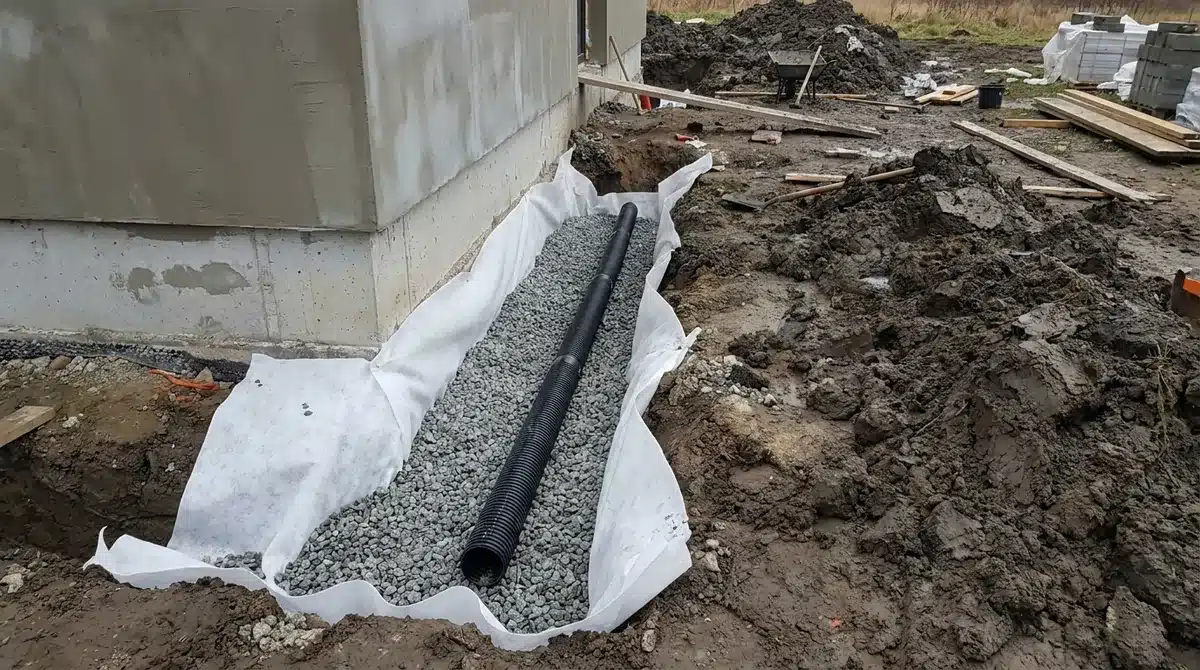 Drainagerohr in Kiesbett mit Filtervlies entlang der Fundamentwand eines Neubaus