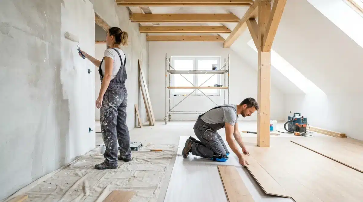 Eigenleistung beim Hausbau - Paar streicht Wand und verlegt Laminat im Dachgeschoss