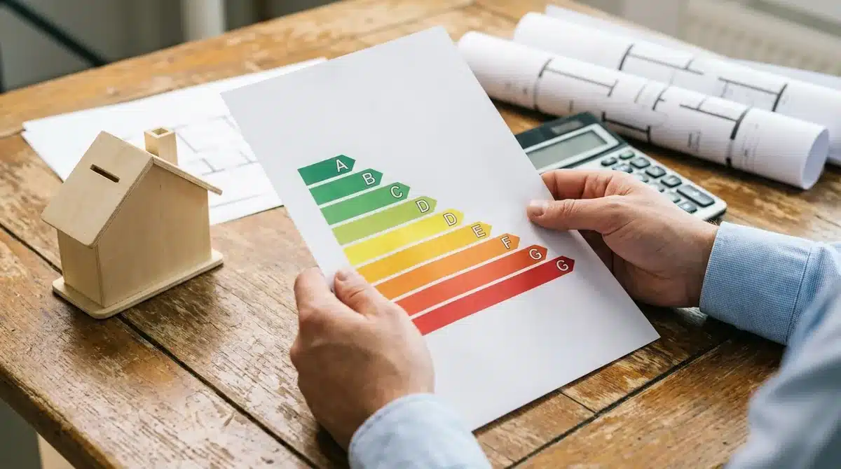 Energieausweis mit Energieeffizienzskala von A bis G, Modellhaus und Bauplänen auf einem Tisch