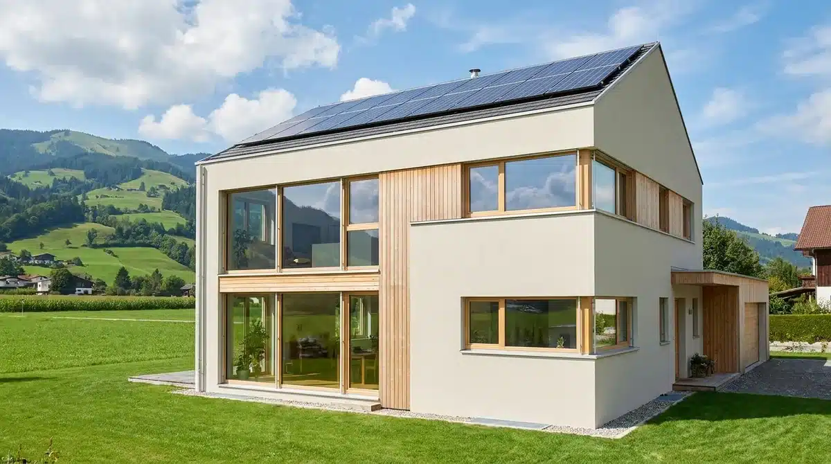 Modernes Energiesparhaus mit Photovoltaikanlage und großen Fenstern vor Alpenkulisse in Österreich
