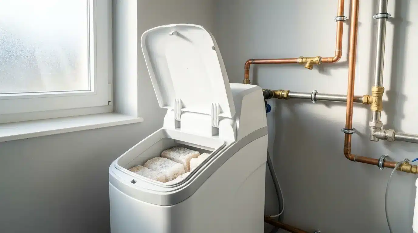 Entkalkungsanlage mit Salztank im Technikraum eines Einfamilienhauses