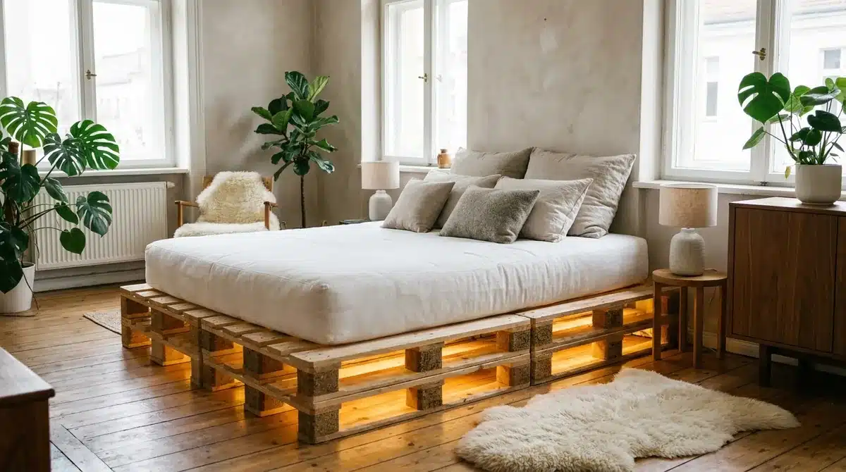 Selbst gebautes Bett aus Europaletten mit Matratze und indirekter LED-Beleuchtung in einem gemütlichen Schlafzimmer