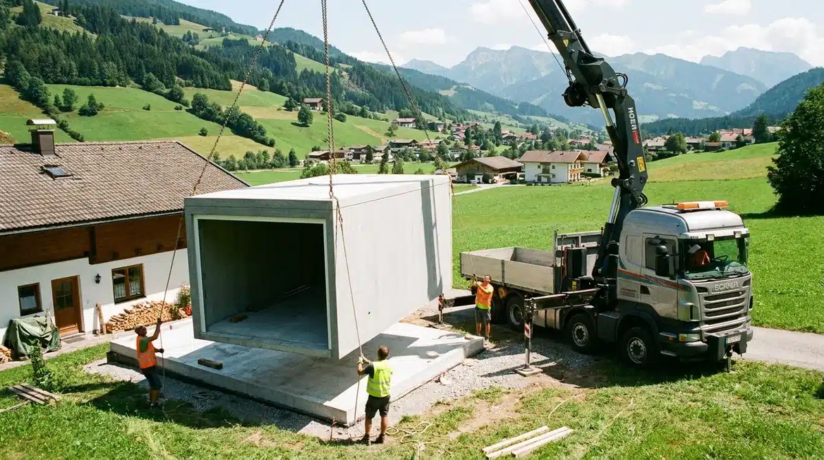 Beton-Fertiggarage wird per Kran-Lkw auf das vorbereitete Fundament neben einem Haus in Österreich gesetzt