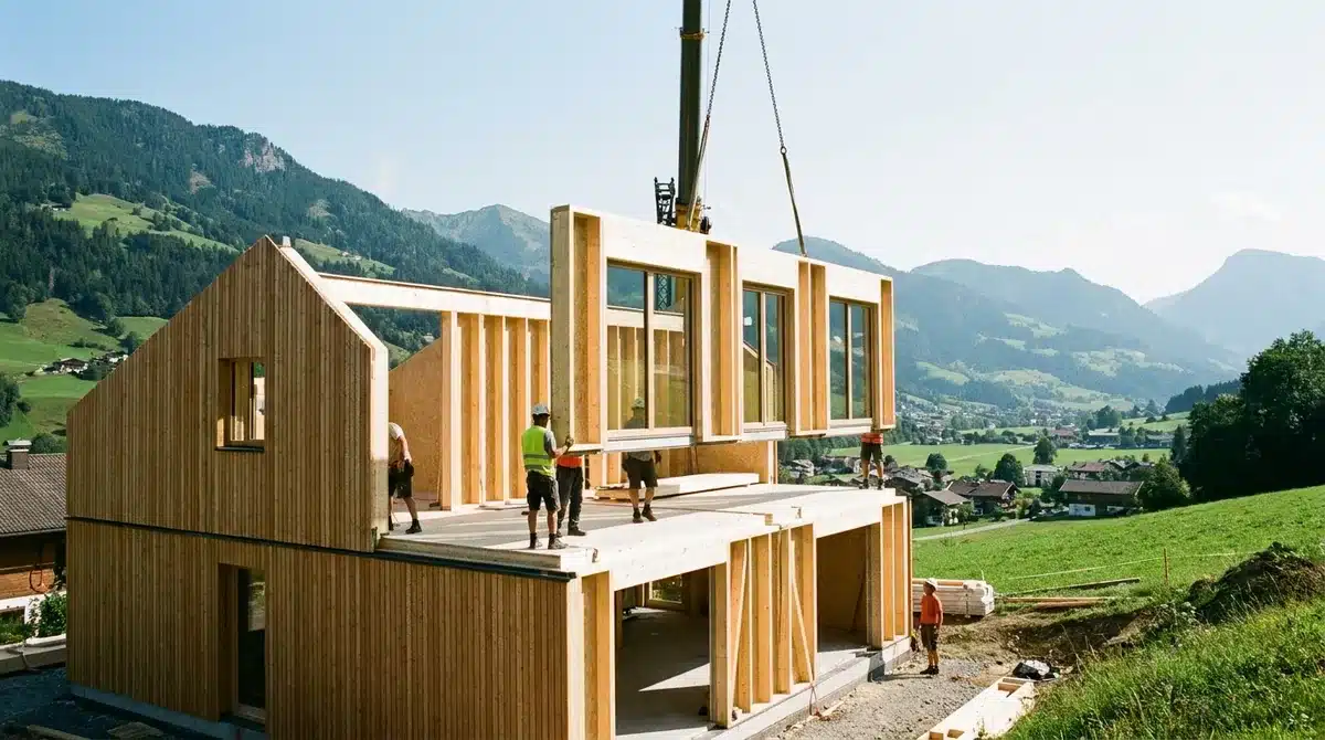 Montage eines Fertigteilhauses in Holzriegelbauweise mit Kran auf einer Baustelle in Österreich