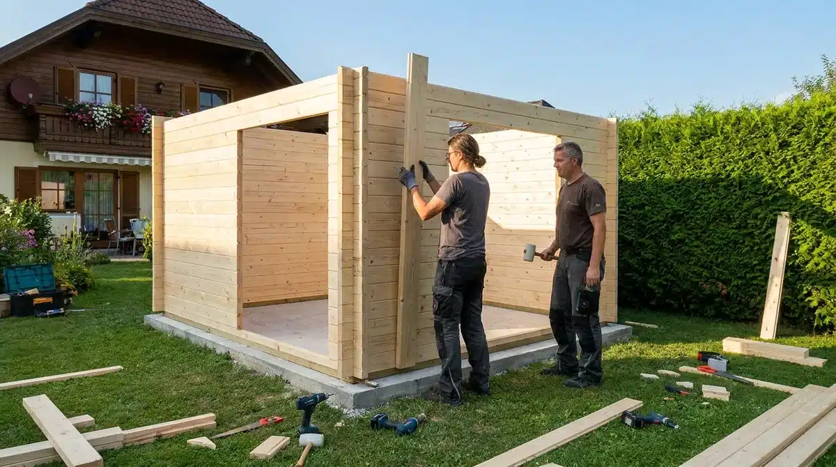 Gartenhaus aus Blockbohlen aufbauen - zwei Personen stecken die Wände auf dem Fundament