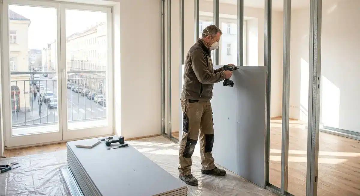Handwerker verschraubt eine Gipskartonplatte auf Metall-Staenderprofilen beim Trockenbau in einer Altbauwohnung