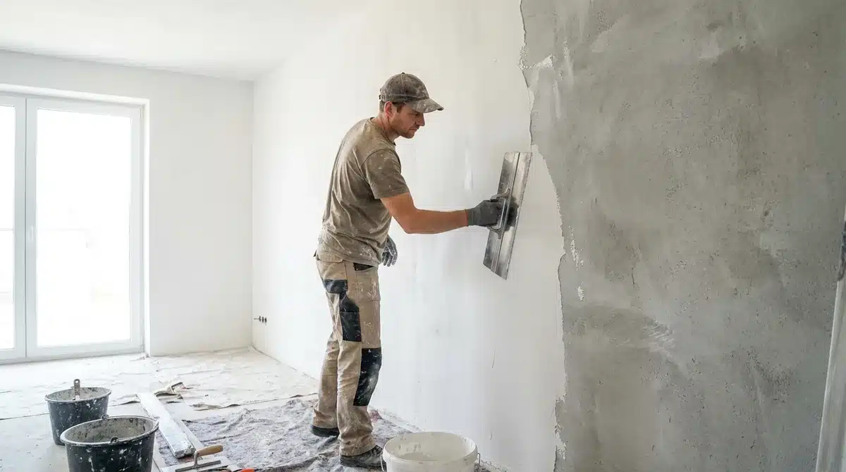 Gipsputz auf eine Innenwand auftragen und glatt abziehen
