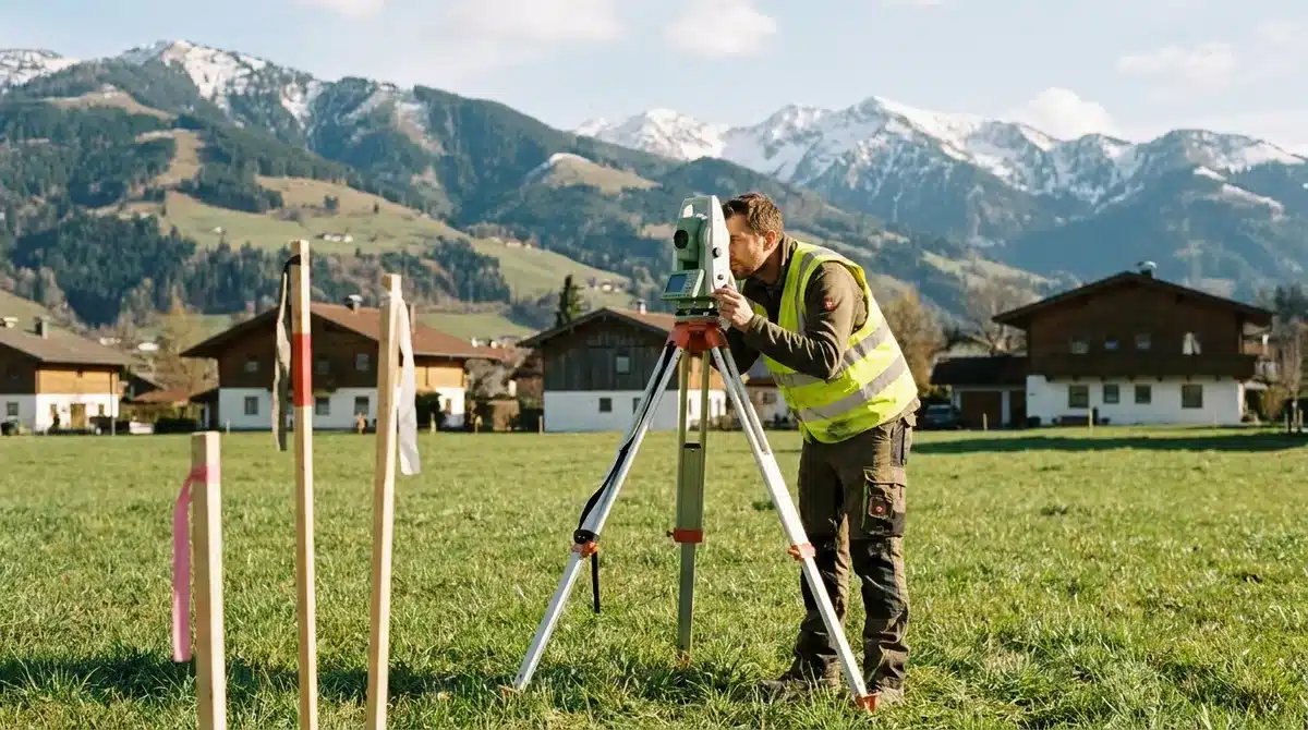 Grundstück vermessen in Österreich - Geometer mit Totalstation auf dem Baugrundstück