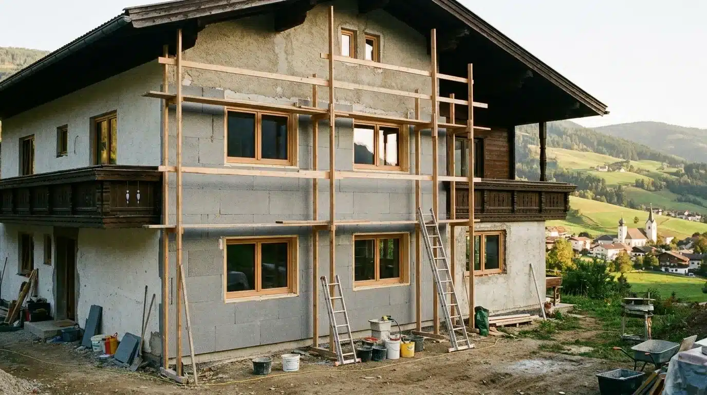 Einfamilienhaus in Österreich bei der Renovierung mit Gerüst und frisch aufgebrachter Fassadendämmung