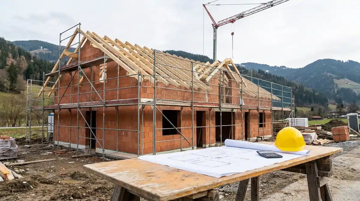 Rohbau eines Einfamilienhauses mit Kran und Bauplan mit Taschenrechner auf einer Baustelle in Österreich
