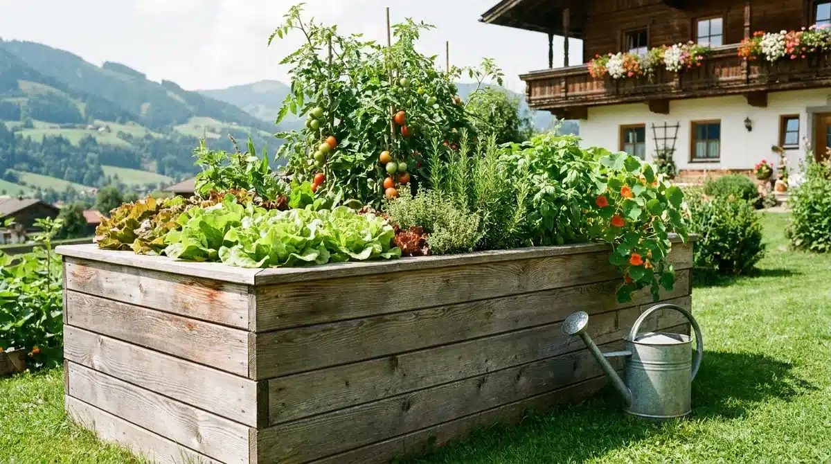 Selbst gebautes Hochbeet aus Lärchenholz mit Gemüse und Kräutern in einem Garten in Österreich