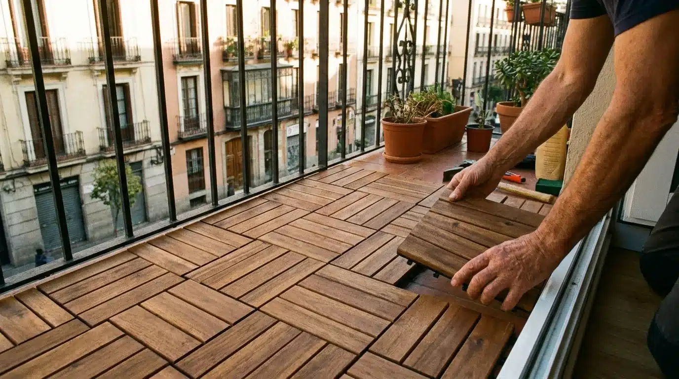 Holzfliesen aus Akazie werden auf einem Balkon verlegt
