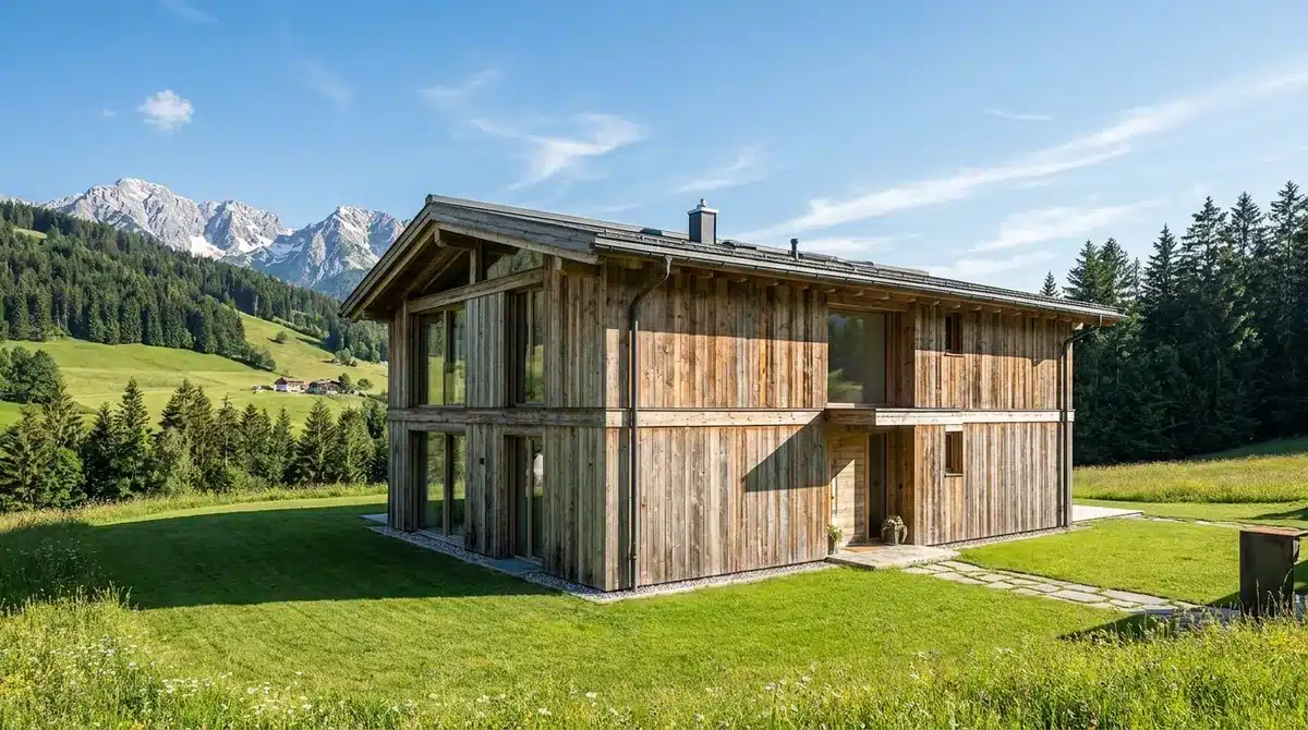 Modernes Holzhaus mit Holzfassade vor alpiner Kulisse in Österreich