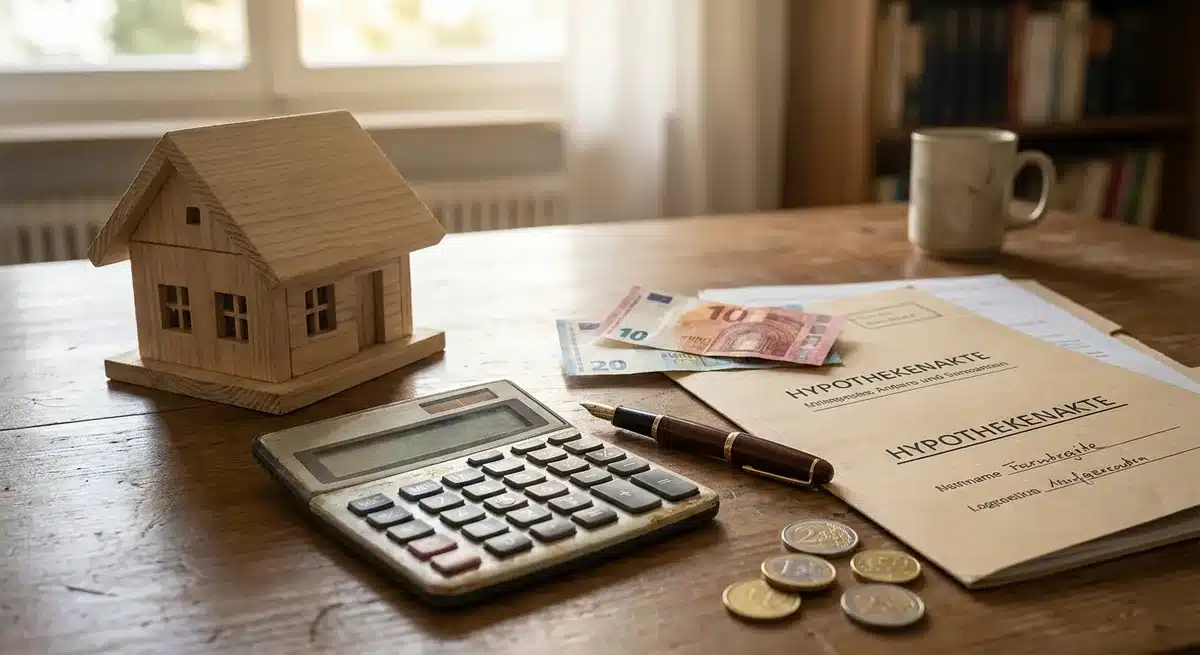 Modellhaus, Taschenrechner, Euro-Geld und Hypothekenakte auf einem Tisch