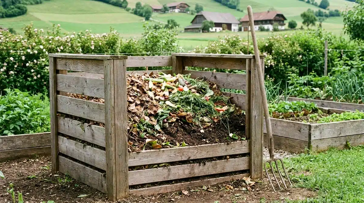 Selbst gebauter Holzlatten-Komposter mit geschichtetem Kompost in einem Garten in Österreich