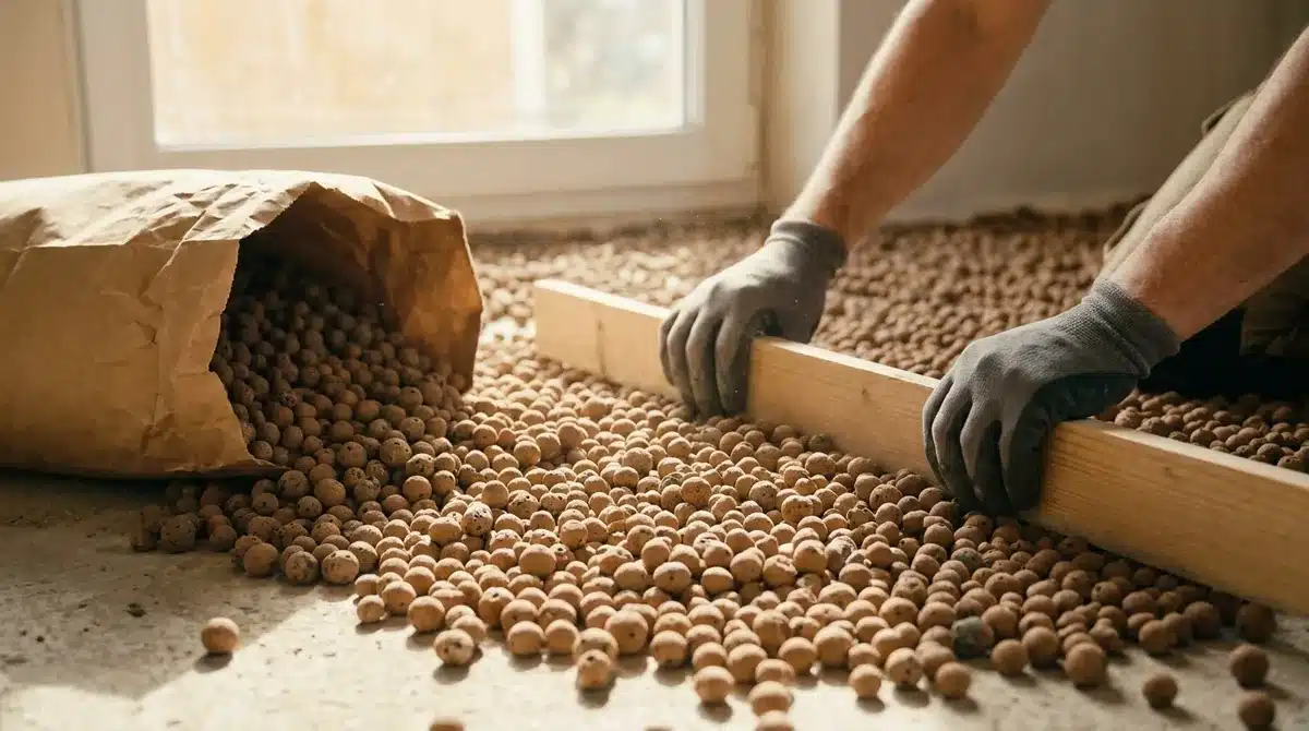 Blähtonkugeln (Leca) werden als Ausgleichsschüttung auf einem Boden mit einer Abziehlatte verteilt