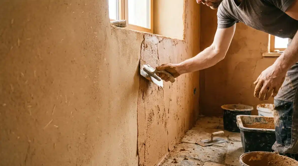 Handwerker trägt natürlichen Lehmputz mit einem Reibebrett auf eine Innenwand auf