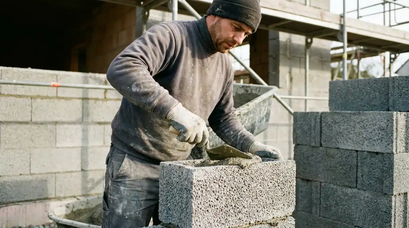 Maurer verarbeitet Leichtbetonsteine aus Blähton auf der Baustelle