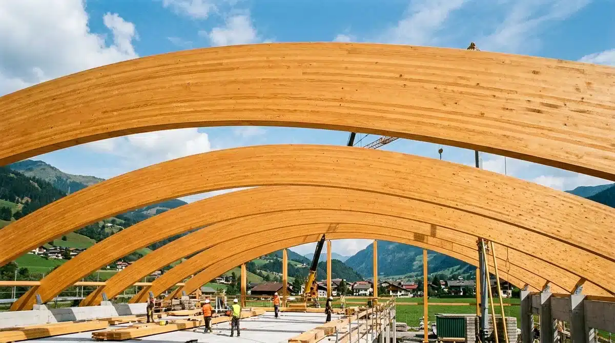 Gebogene Leimbinder aus Brettschichtholz mit sichtbaren Lamellen als Dachtragwerk auf einer Baustelle in Österreich