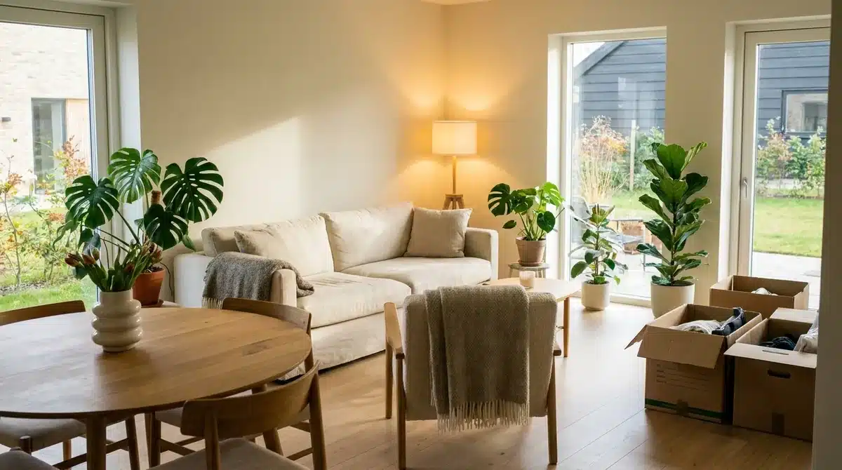 Frisch eingerichtetes helles Wohnzimmer mit Sofa, Esstisch und Umzugskartons in einem neuen Haus