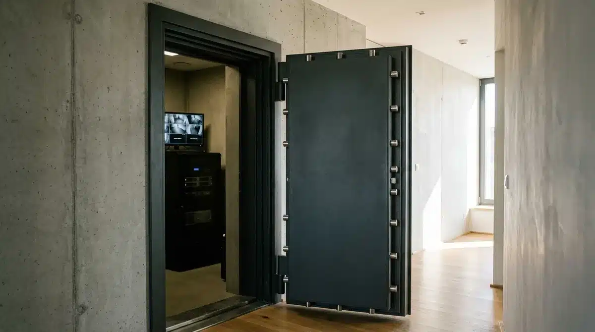 Massive Sicherheitstür mit Verriegelungsbolzen zu einem Panikraum mit Überwachungsmonitor in einem Haus