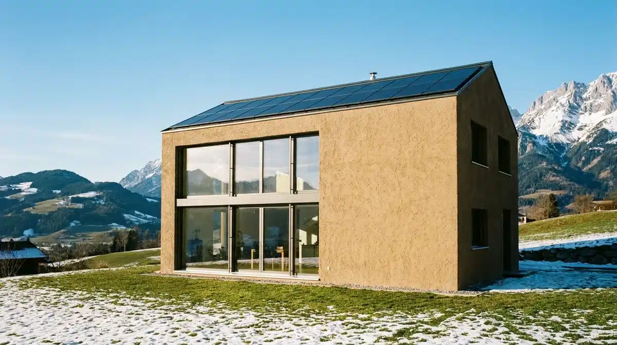 Kompaktes Passivhaus mit großen Südfenstern und Photovoltaik vor verschneiter Alpenkulisse in Österreich