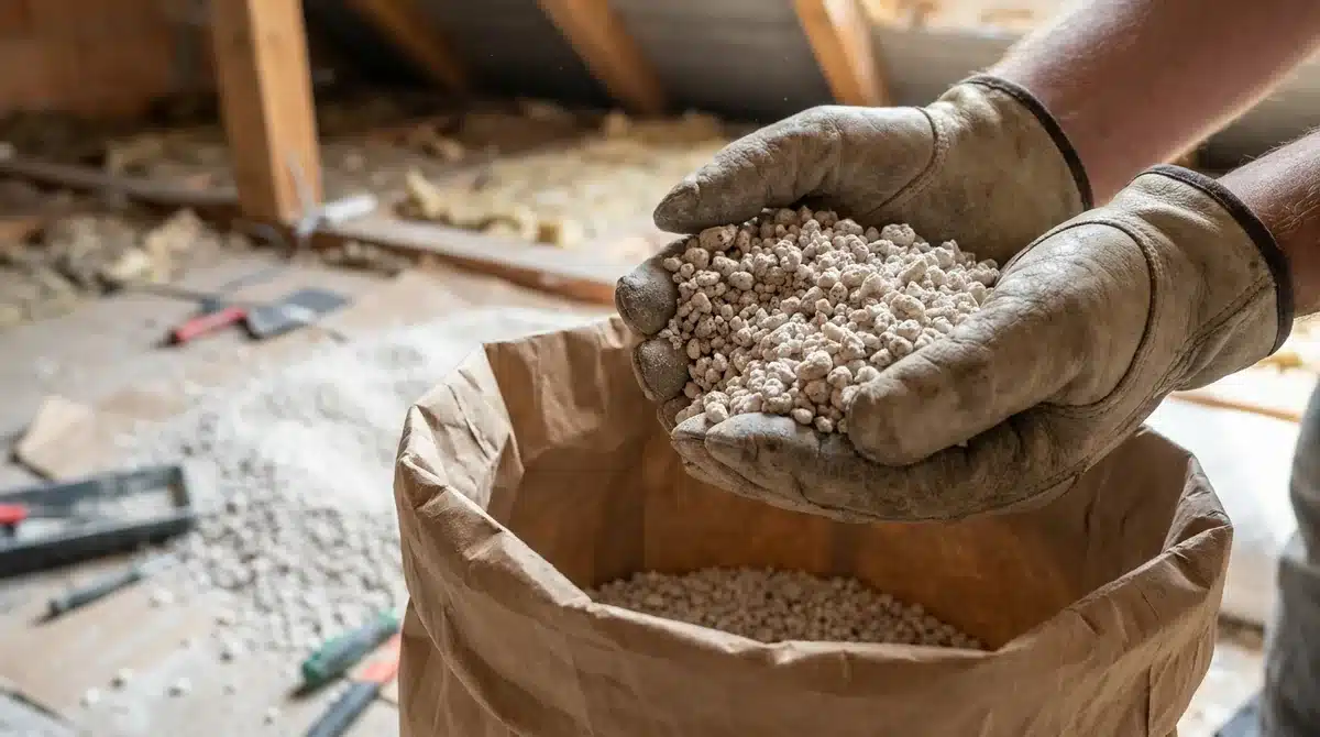 Perlite-Dämmstoff als Granulat in den Händen über einem Sack