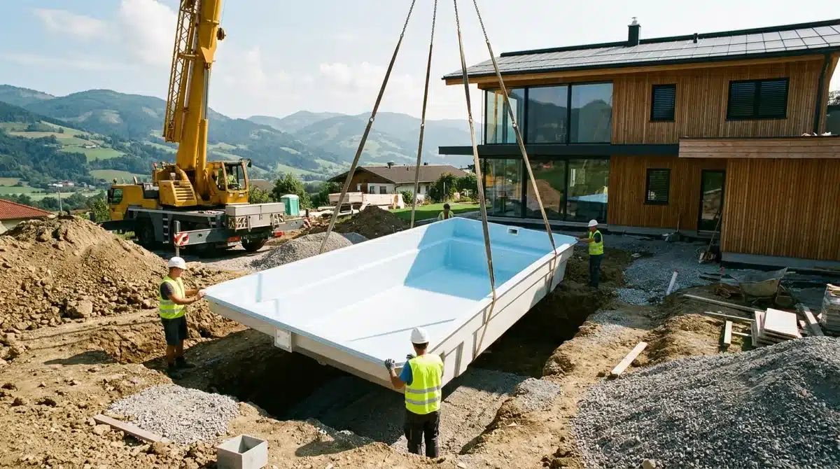GFK-Polyesterpool-Beckenschale wird per Kran in die Baugrube im Garten eines Hauses in Österreich gesetzt