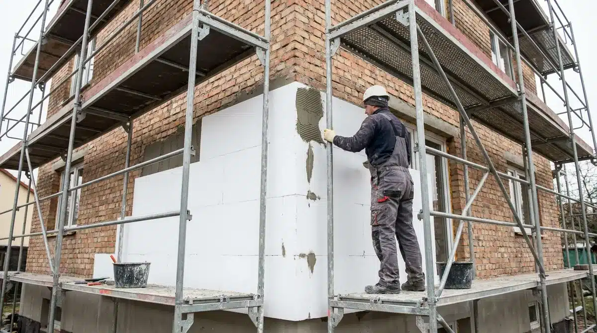 Polystyrol-Dämmplatten (EPS) werden auf eine Fassade geklebt