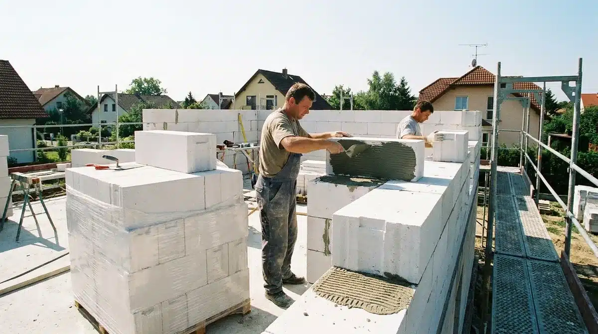 Gasbeton- bzw. Porenbetonsteine werden beim Hausbau im Dünnbettverfahren vermauert