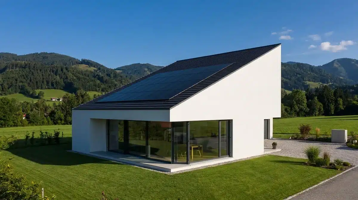Modernes Haus mit Pultdach und Photovoltaikanlage vor Alpenkulisse in Österreich