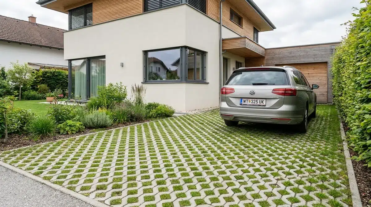 Einfahrt aus Rasengittersteinen mit durchwachsendem Gras vor einem modernen Einfamilienhaus in Österreich