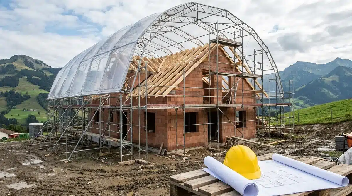 Rohbau eines Einfamilienhauses mit Wetterschutz und Gerüst sowie Bauhelm und Bauplan im Vordergrund in Österreich