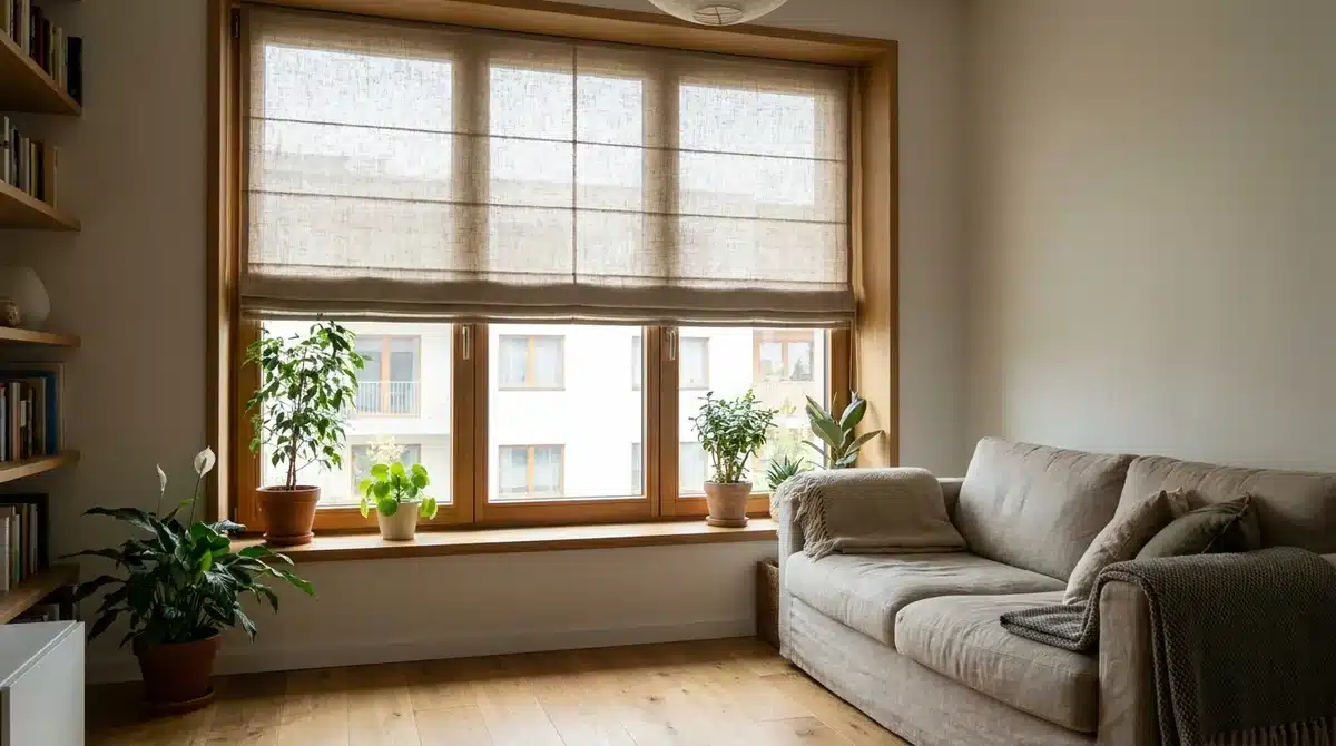 Textiler Fensterbehang als Sonnen- und Sichtschutz an einem großen Fenster in einem hellen Wohnraum