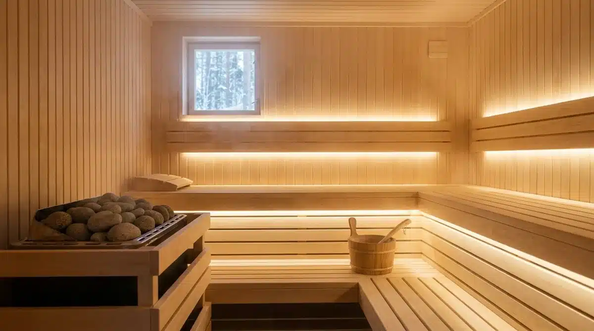 Innenraum einer selbst gebauten Sauna aus hellem Holz mit Saunaofen, Steinen und Aufgusskübel