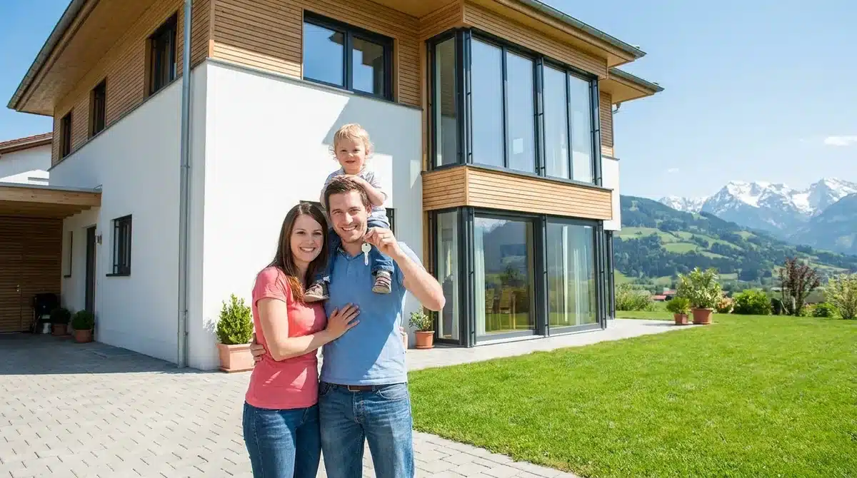 Familie mit Hausschlüssel vor ihrem schlüsselfertigen modernen Einfamilienhaus in Österreich