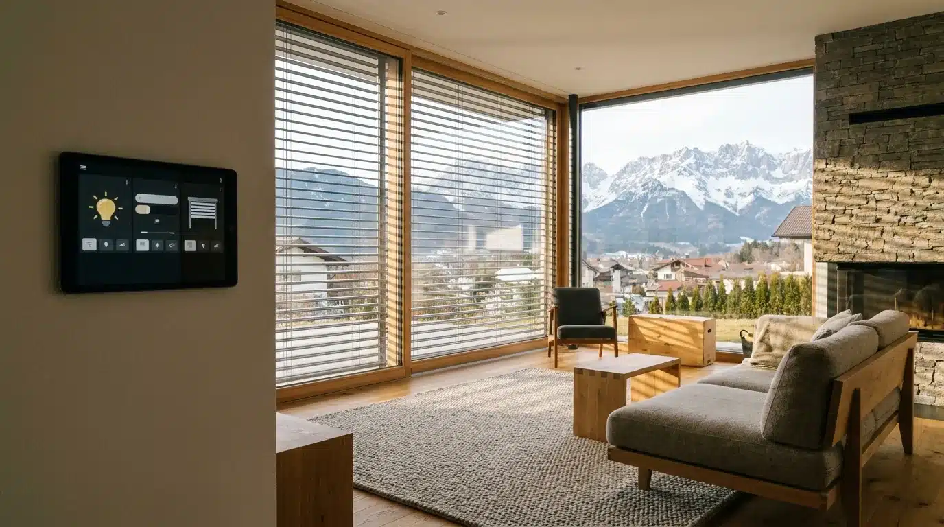 Smart Home Steuerung per Wandtablet in einem modernen österreichischen Wohnzimmer