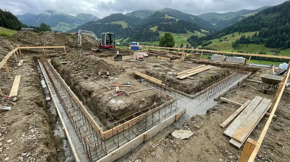 Streifenfundament mit Stahlbewehrung in ausgehobenen Gräben auf einer Baustelle in Österreich