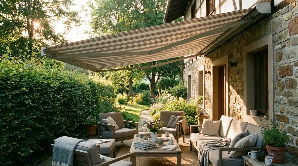 Terrassenbeschattung - ausgefahrene Markise über gemütlicher Terrassen-Lounge