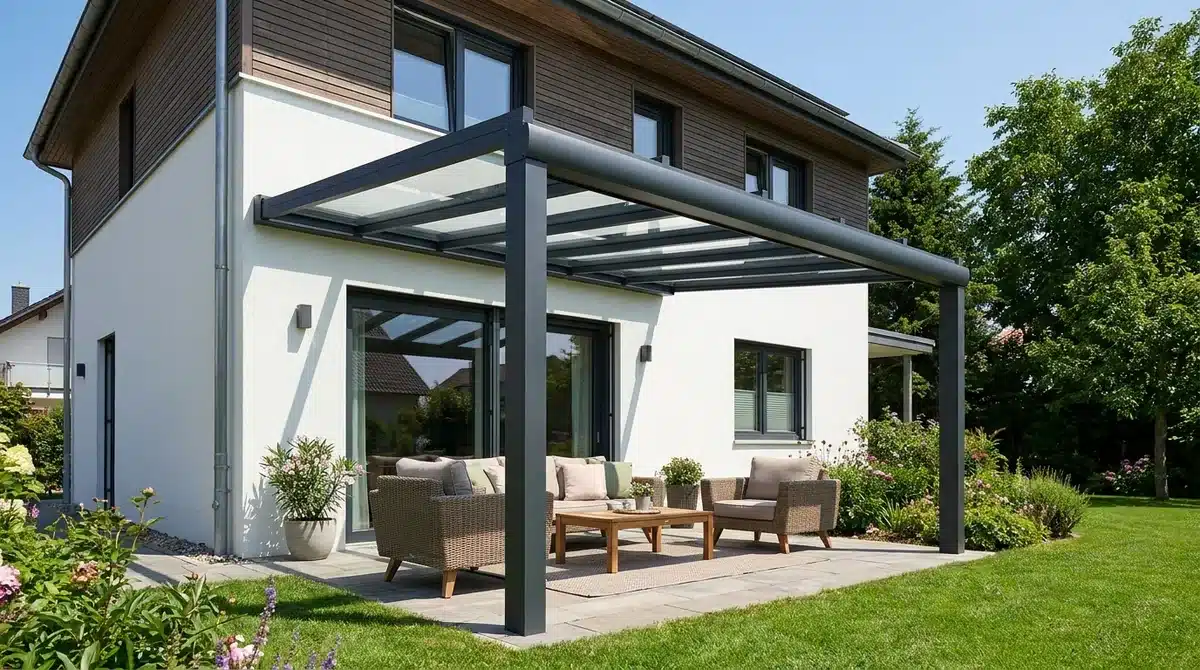 Moderne Terrassenüberdachung aus Aluminium mit Glasdach an einem Einfamilienhaus