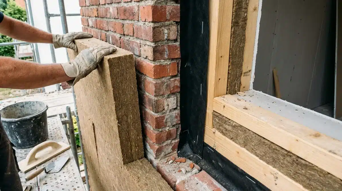 Handwerker montiert eine Dämmplatte auf eine Ziegelwand - Wandaufbau zur Wärmedämmung